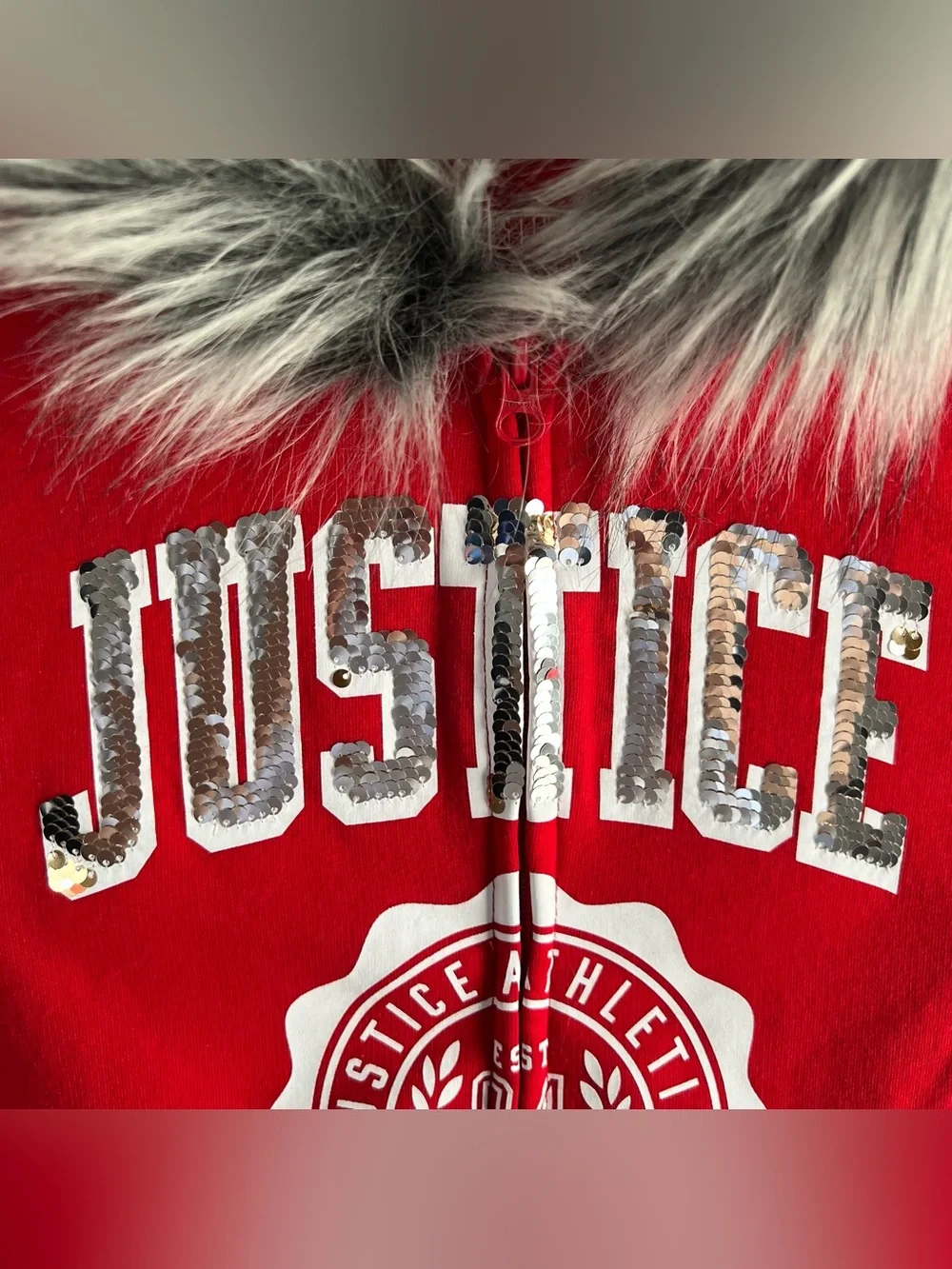 Justice Active Girls Size 8 Hoodie Jacket Red Faux Fur Hood Full Zip Sequins